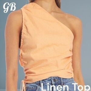 GB Jr. Asymmetrical One Shoulder Side Ruched Drawstring Woven Linen Blend Blouse